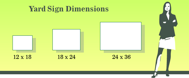 Yard Sign Dimensions include: 12 by 18, 18 by 24 , and 24 by 36 inches